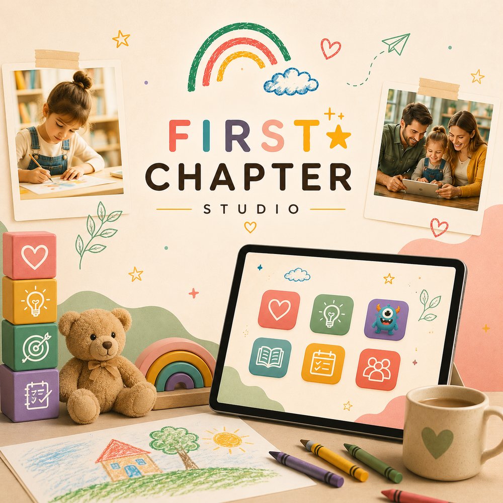 A child drawing and a family exploring First Chapter Studio apps together