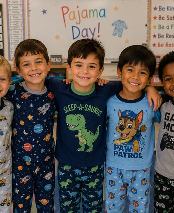 Kids smiling together on Pajama Day at school