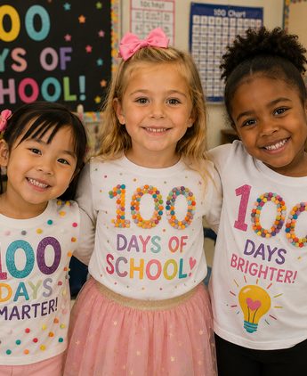 Three girls celebrating the 100th day of school