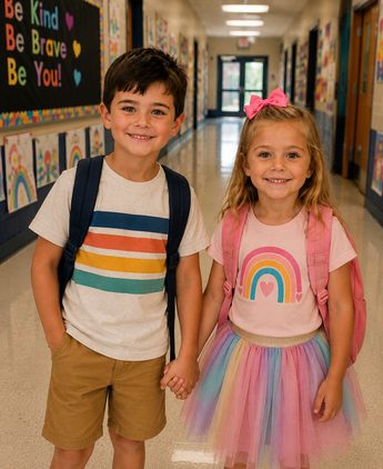 Two classmates holding hands in the school hallway