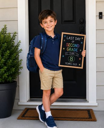 A boy holding a last day of second grade sign